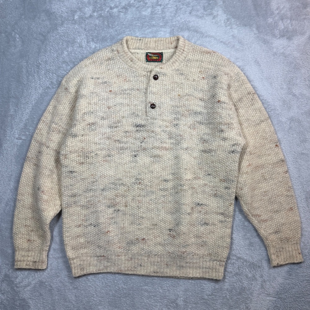 Vintage Alps Henley Sweater Mens M Cream Wool Knit Pullover USA 80s